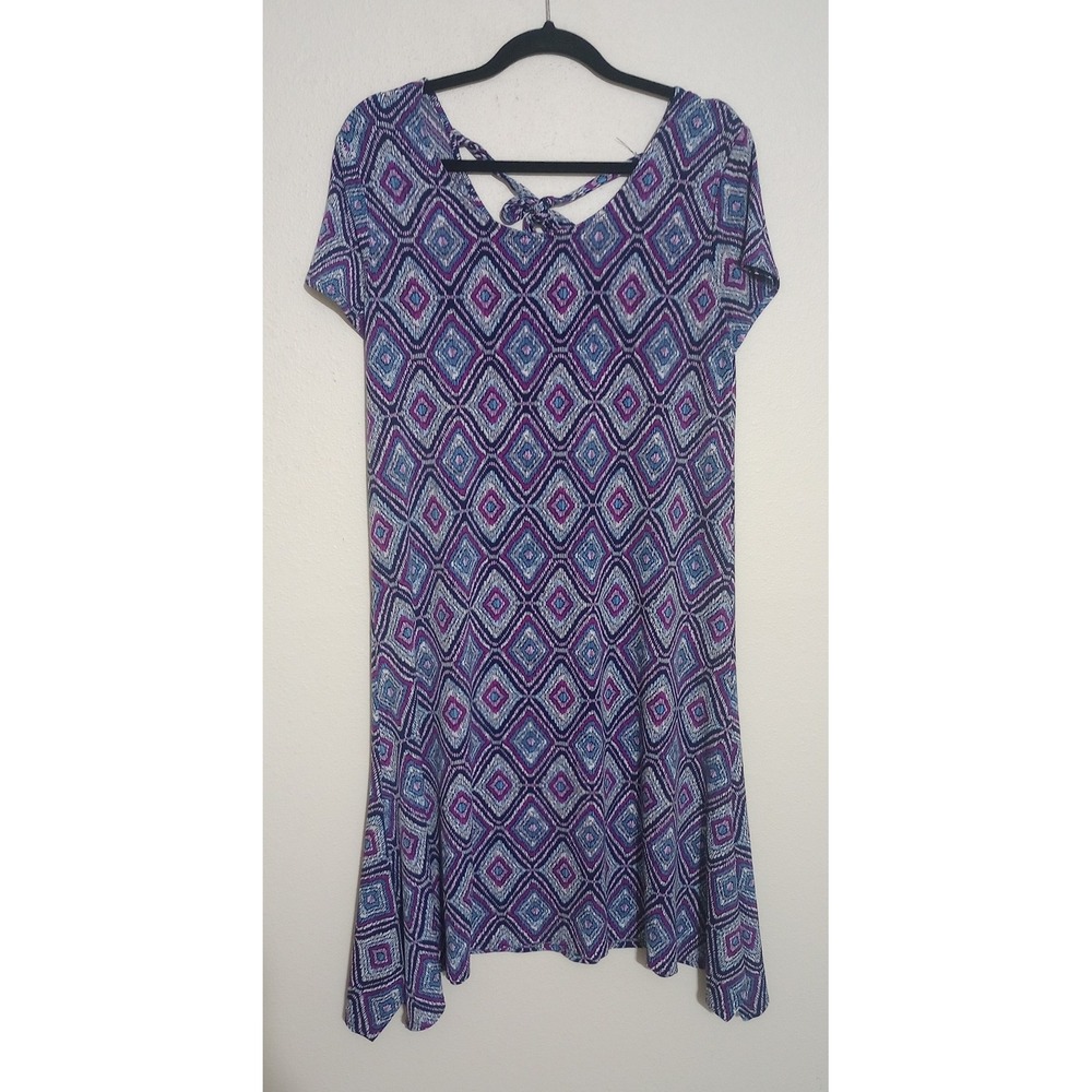 Chicos Purple Blue Geometric Ikat Diamond Print Short Sleeve Shift Dress Size 1